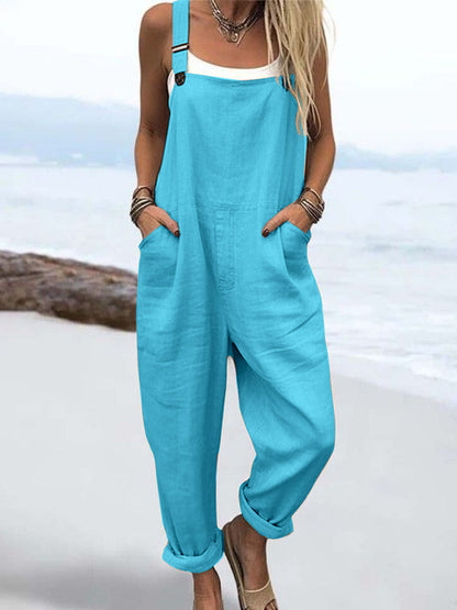 Wome's Vacation Retro  Casual Cotton Linen Wide Leg Jumpsuit