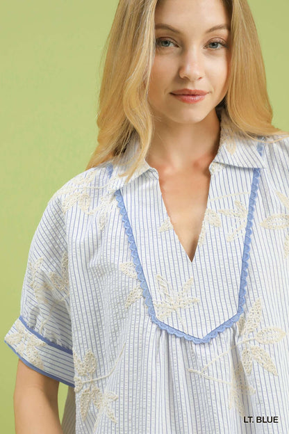 UMGEE Stripe Embroidered Top Light Blue