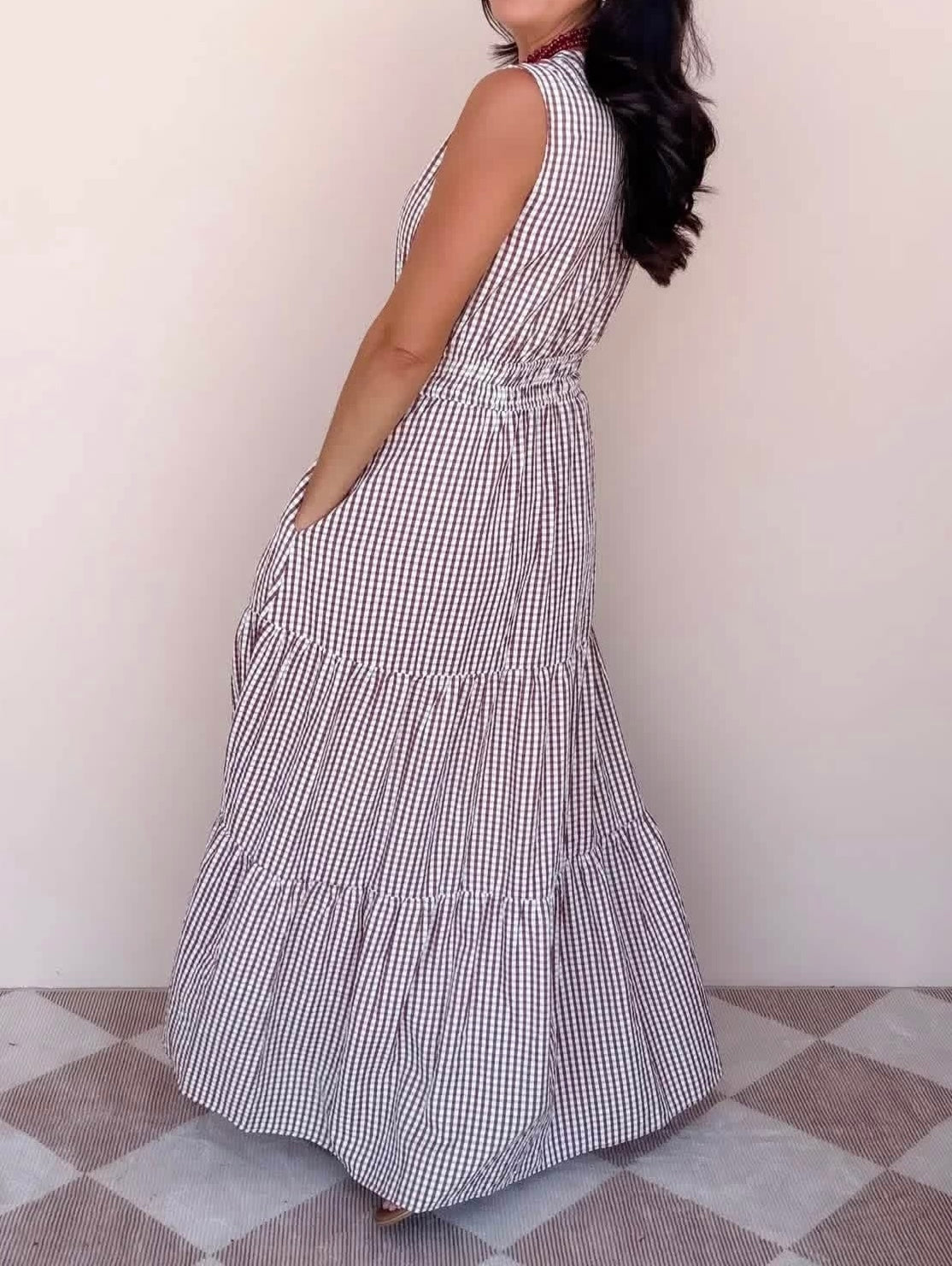 Mocha Gingham Checkered Maxi Dress