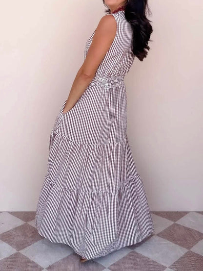 Mocha Gingham Checkered Maxi Dress