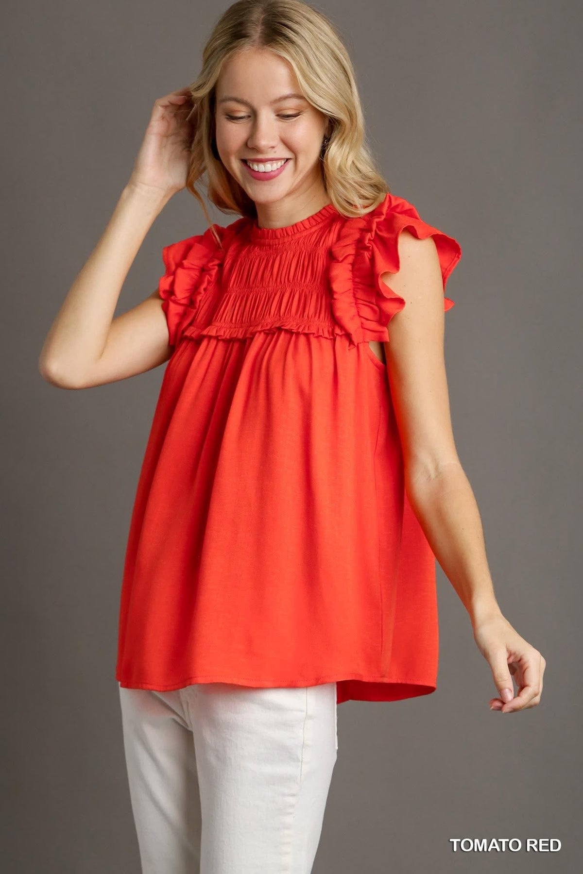 UMGEE Ruffle Sleeve Top Coral Red