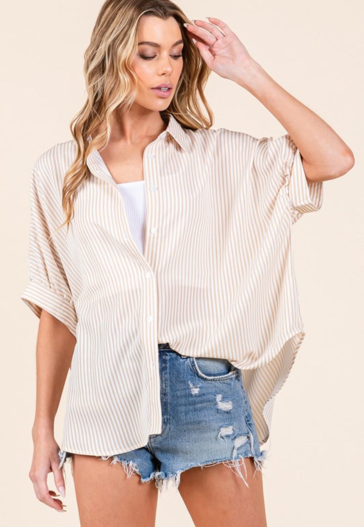 Stripe Oxford Button Down Shirt Taupe