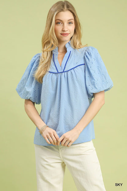 UMGEE Puff Sleeve Eyelet Top Sky Blue