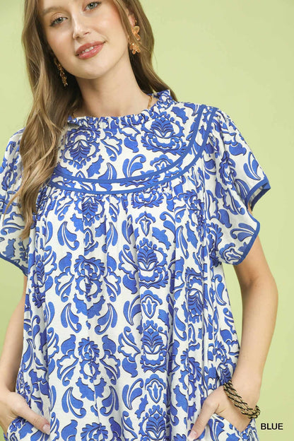 UMGEE Blue Abstract Print Ruffle Dress