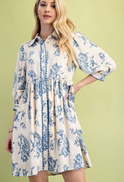 Paris Paisley Button Down Dress Blue Mix