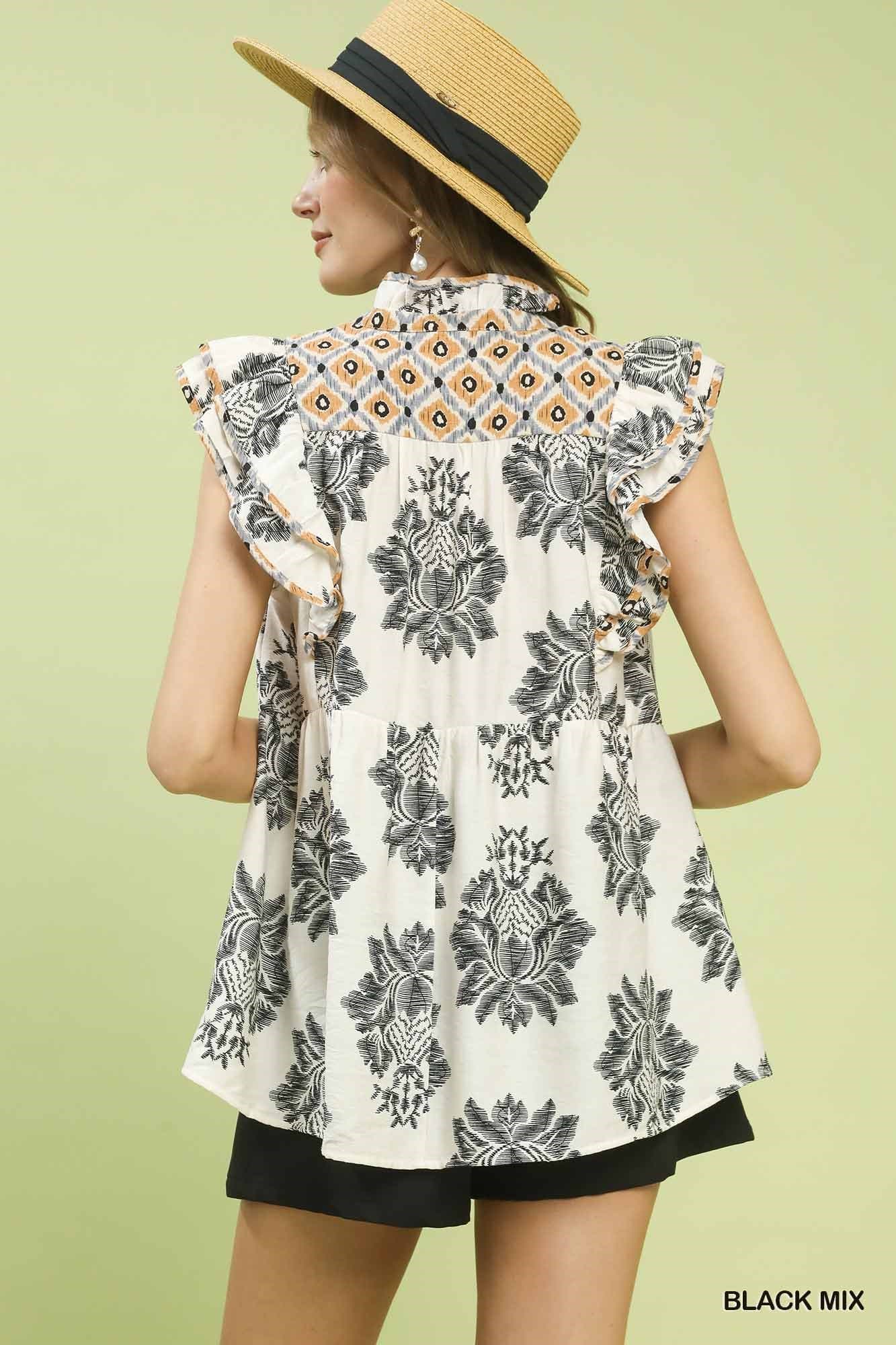 UMGEE Boho Ruffle Top Black Mix