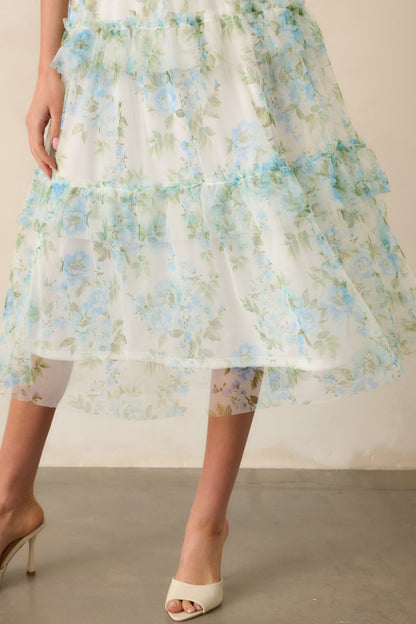 Blue Floral Ruffle Chiffon Dress