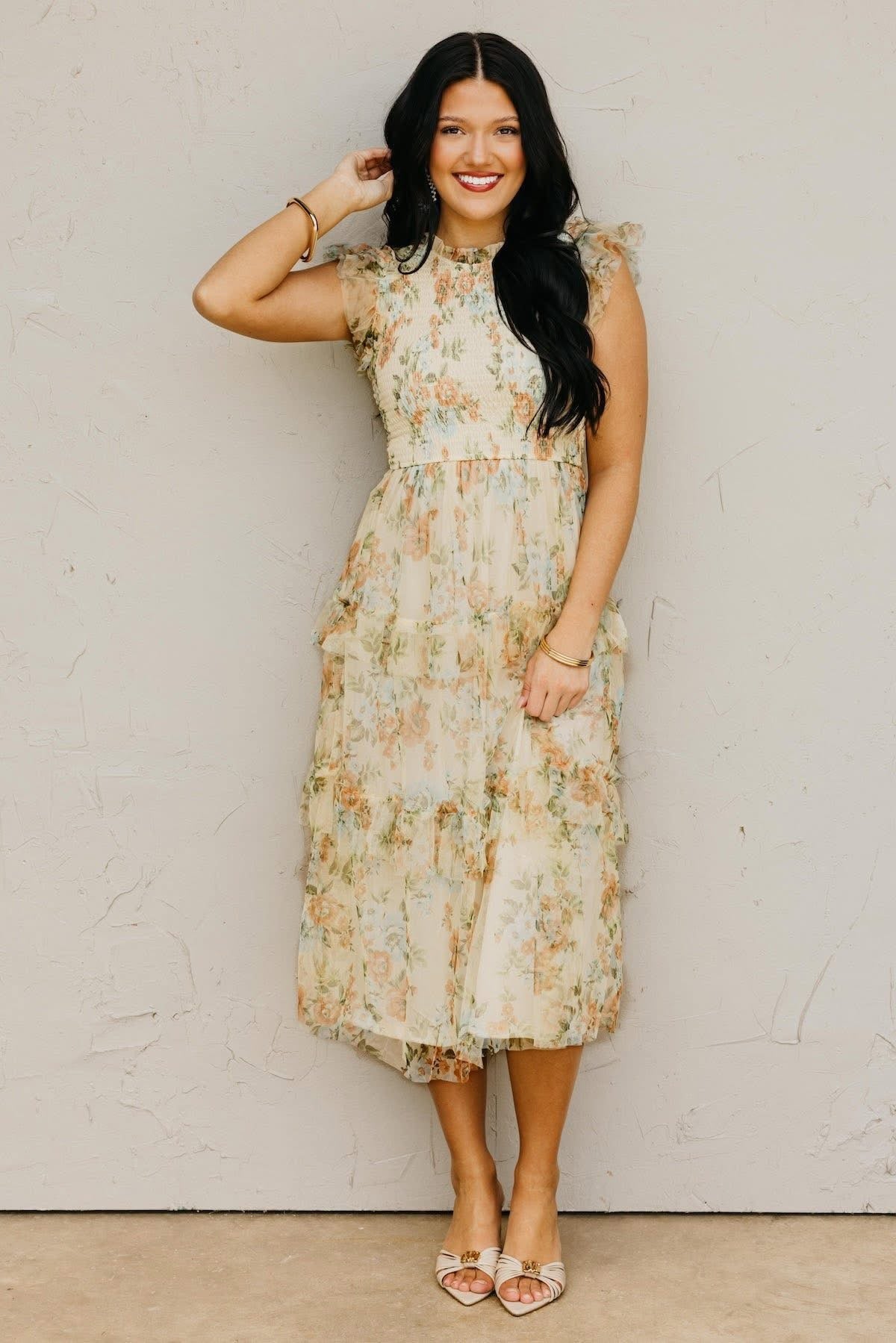 Pale Yellow Floral Ruffle Chiffon Dress