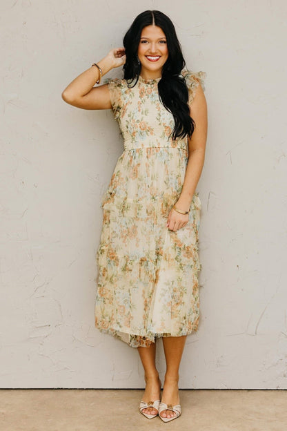 Pale Yellow Floral Ruffle Chiffon Dress