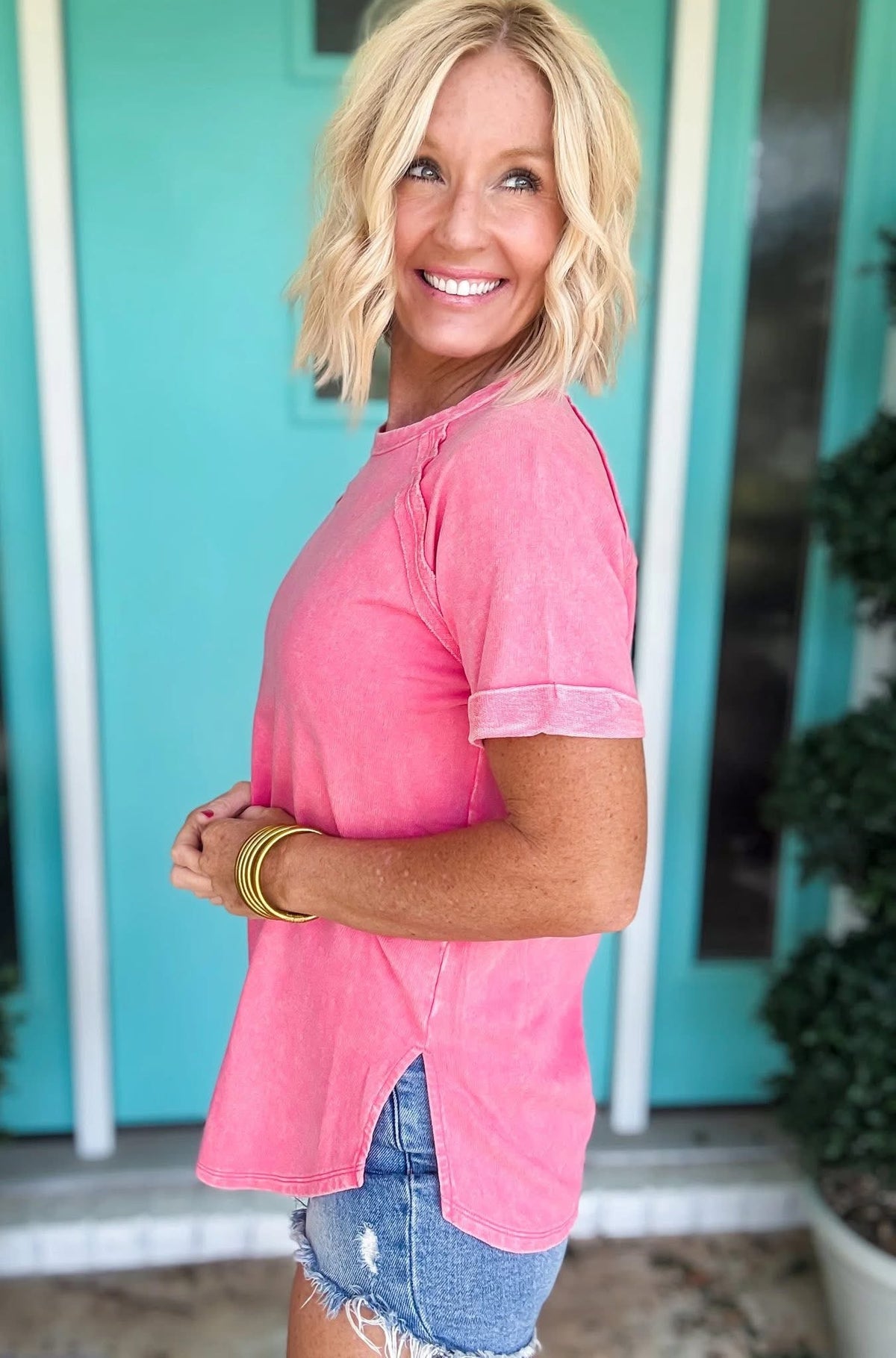 Curved Hem Acid Wash Tee Hot Pink