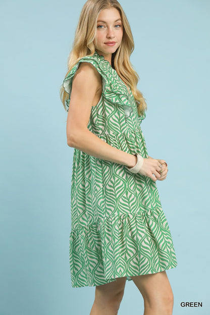 UMGEE Leaf Print Ruffle Shift Dress Green