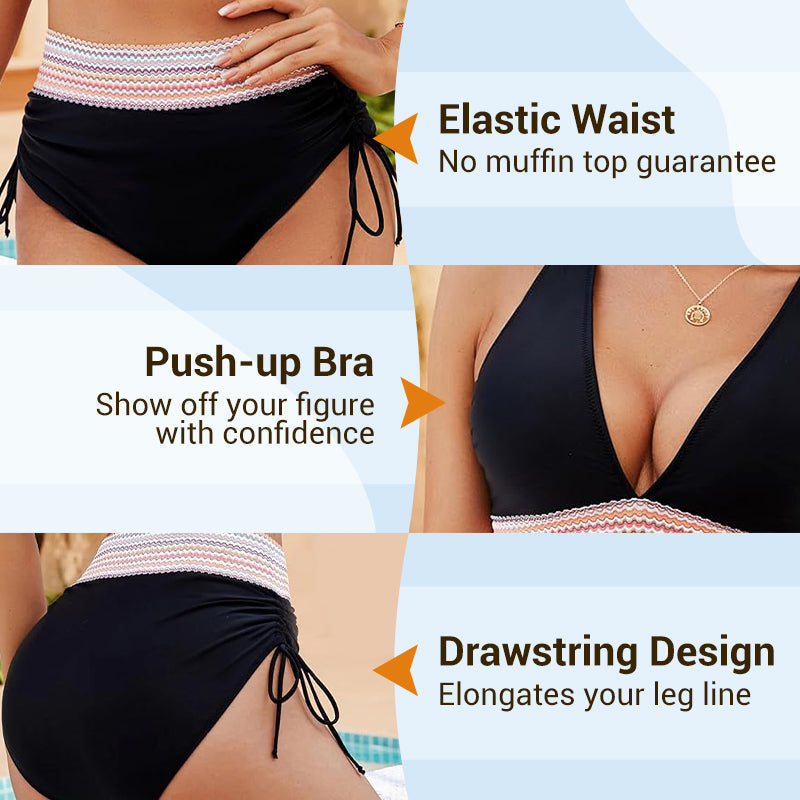 🔥 Hot Sale! High Waisted Tummy Control Bikini Set 🌴 Color Block Summer Swimwear ✨ Flattering & Trendy