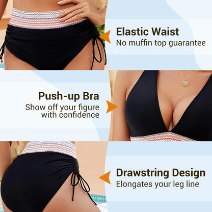 🔥 Hot Sale! High Waisted Tummy Control Bikini Set 🌴 Color Block Summer Swimwear ✨ Flattering & Trendy