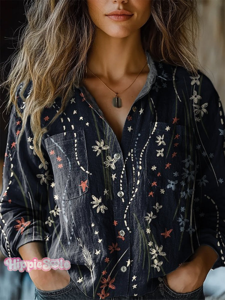 Women's Vintage Folk Floral Art Print Long Sleeve Comfortable Cotton Shirt