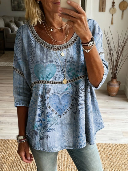 Women's Bohemian Floral Heart Art Print Casual Round Neck Hollow Out Top