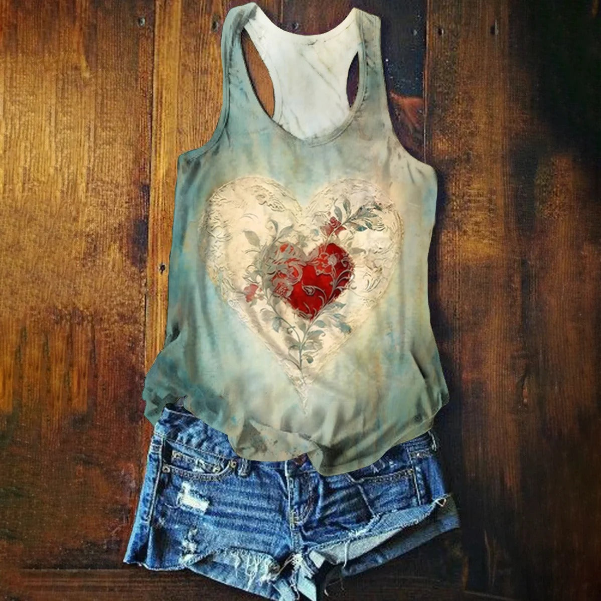 Women's V-Neck Casual T-Shirt with Heart Tattoo Art Print