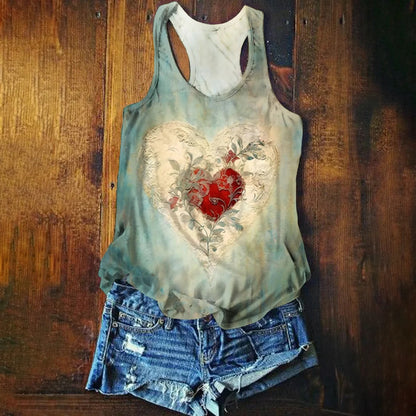 Women's V-Neck Casual T-Shirt with Heart Tattoo Art Print