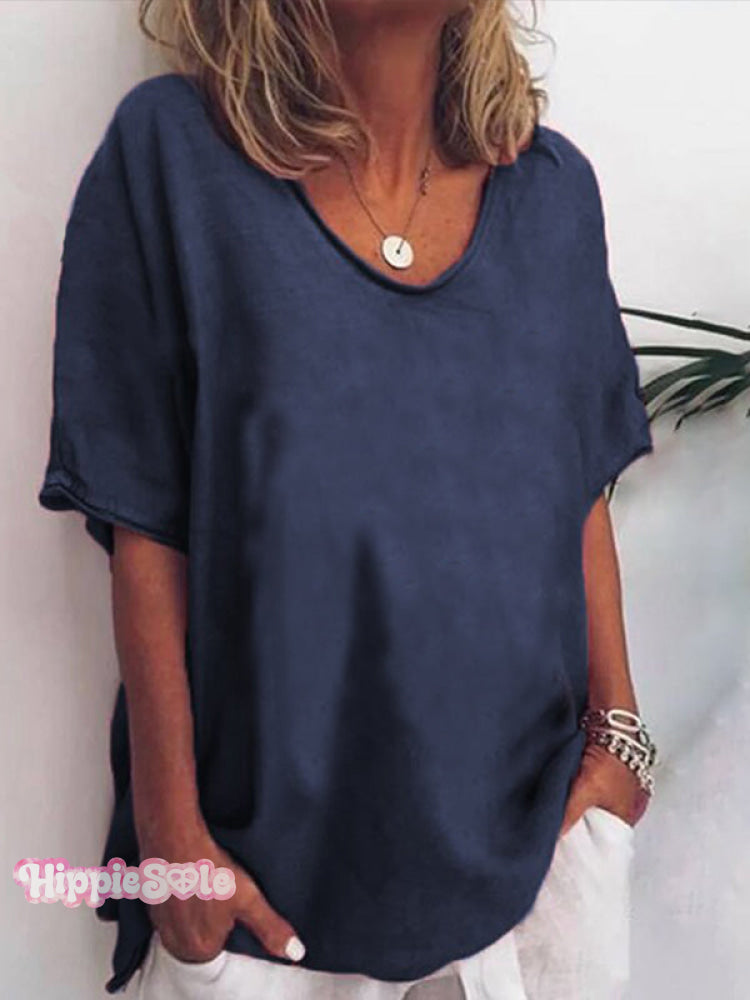 Solid color V-neck short-sleeved plus size women's T-shirt