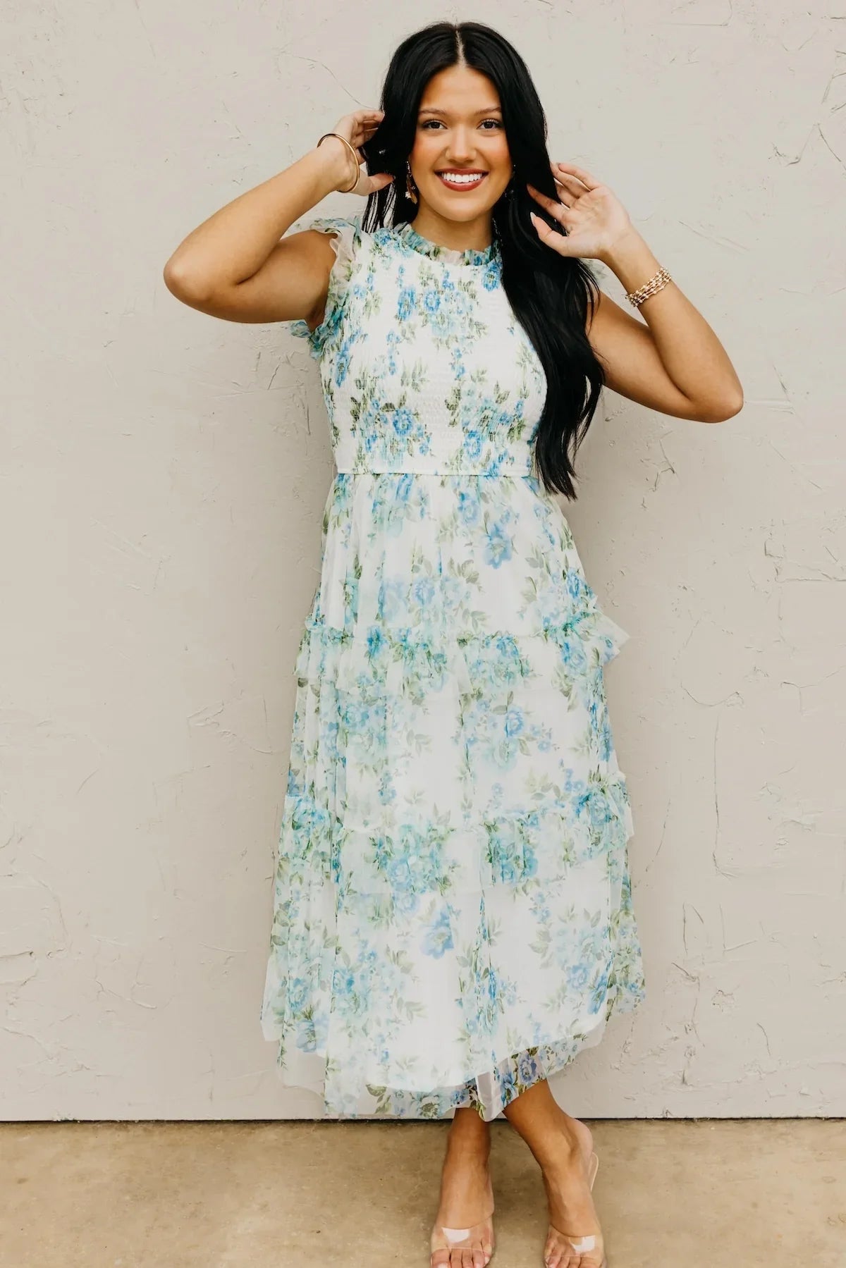 Blue Floral Ruffle Chiffon Dress