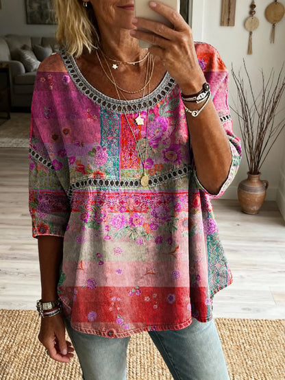 Women's Floral Pattern Art Print Casual V-neck Lace-up Top