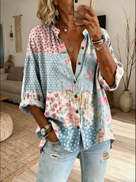 Women's Patchwork Retro Floral Art Print Casual Cotton And Linen Shirt
