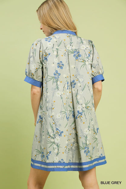 UMGEE Floral Contrast Dress Dusty Blue