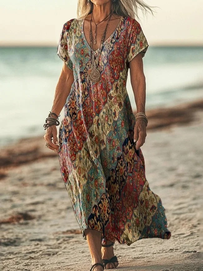 Women's Retro Ethnic Totem Collage Art Pattern Print Pocket Cotton Dress