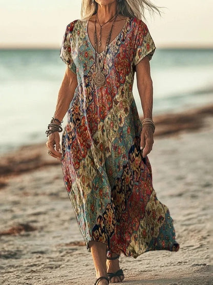 Women's Retro Ethnic Totem Collage Art Pattern Print Pocket Cotton Dress