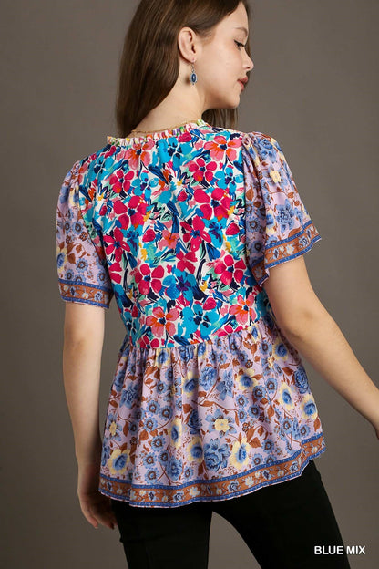 UMGEE Blue Mix Printed Smocked Shoulder Top