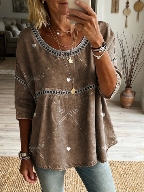 Women's Vintage Heart Bowknot Art Print Casual Round Neck Cutout Top