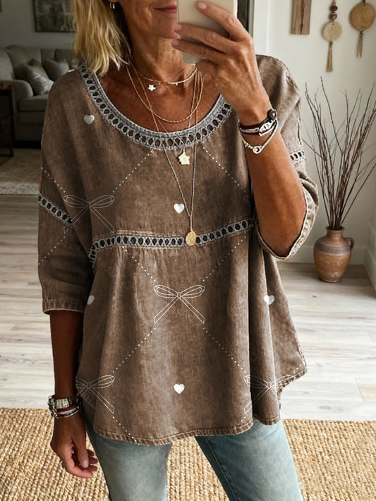 Women's Vintage Heart Bowknot Art Print Casual Round Neck Cutout Top
