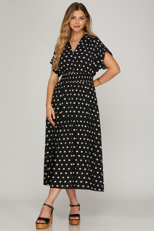 Black Polka Dot Smocked Waist Dress
