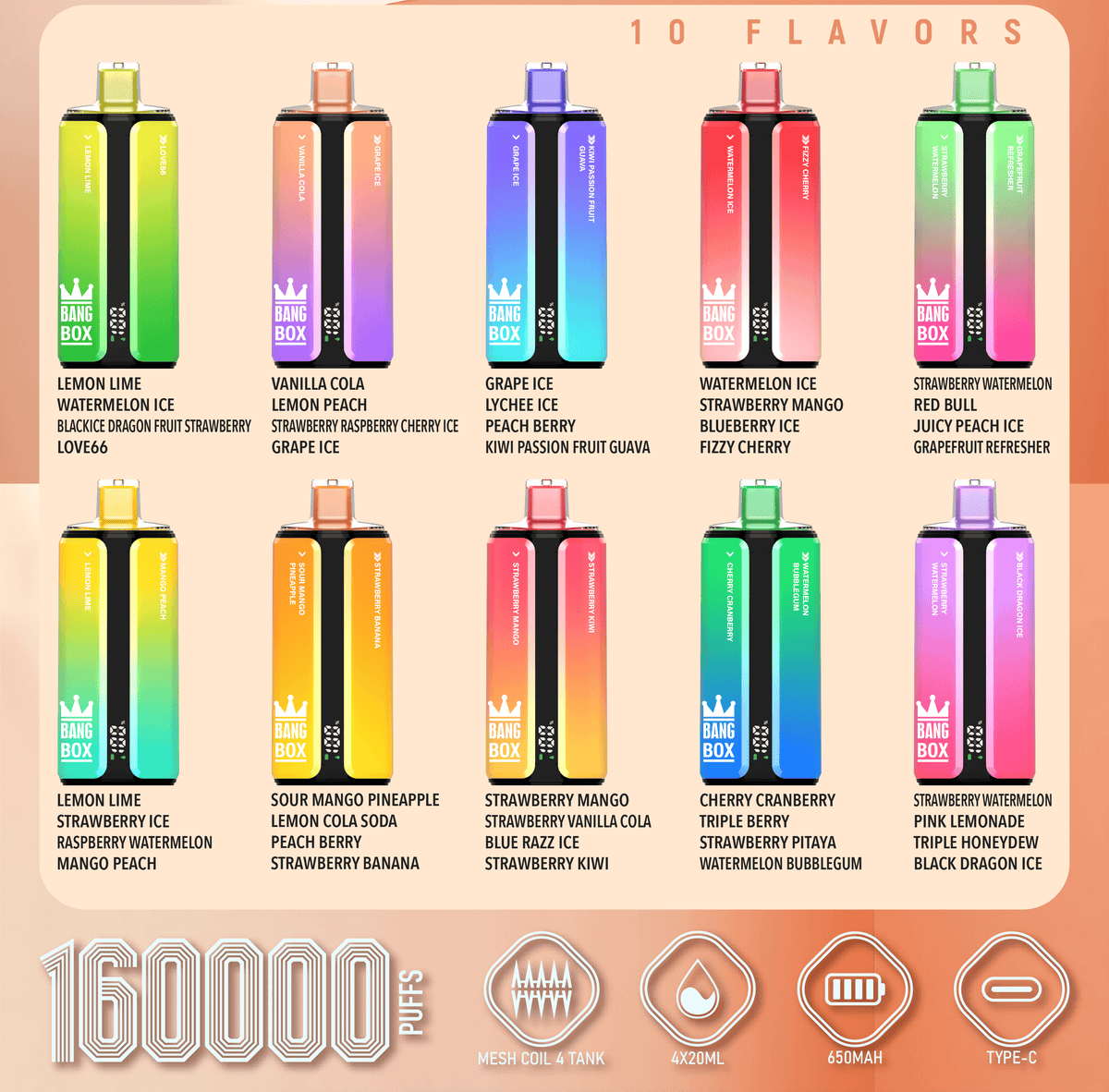 Bang Box 160000 160K Puffs 4 In 1 Flavors Original Rechargeable LED Display Disposable Vape