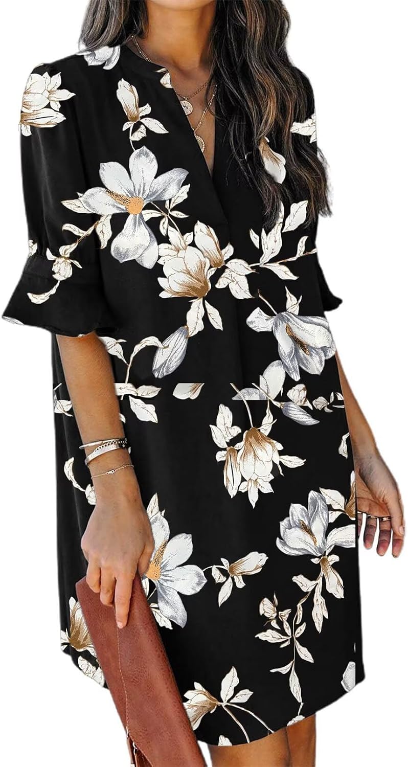 Summer Dresses for Women V Neck Ruffle Short Sleeve Shift Dress