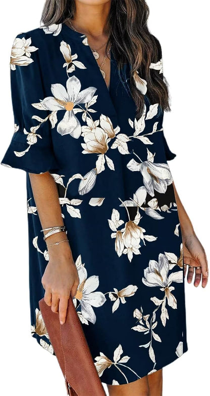 Summer Dresses for Women V Neck Ruffle Short Sleeve Shift Dress