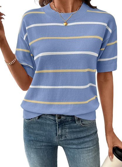 Women's Tops Crewneck Short Sleeve Sweater Pullover Knit Striped Shirt Blouses Fall Outfits for Women 2026