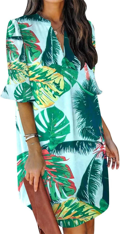 Summer Dresses for Women V Neck Ruffle Short Sleeve Shift Dress