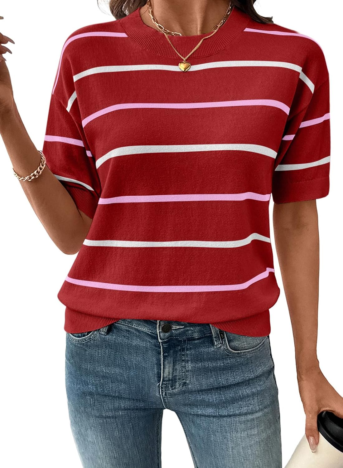 Women's Tops Crewneck Short Sleeve Sweater Pullover Knit Striped Shirt Blouses Fall Outfits for Women 2026