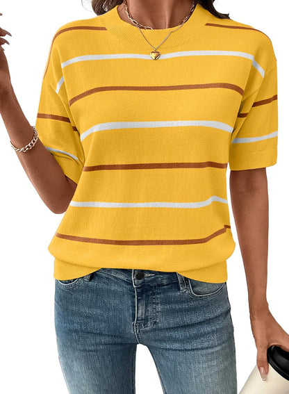 Women's Tops Crewneck Short Sleeve Sweater Pullover Knit Striped Shirt Blouses Fall Outfits for Women 2026