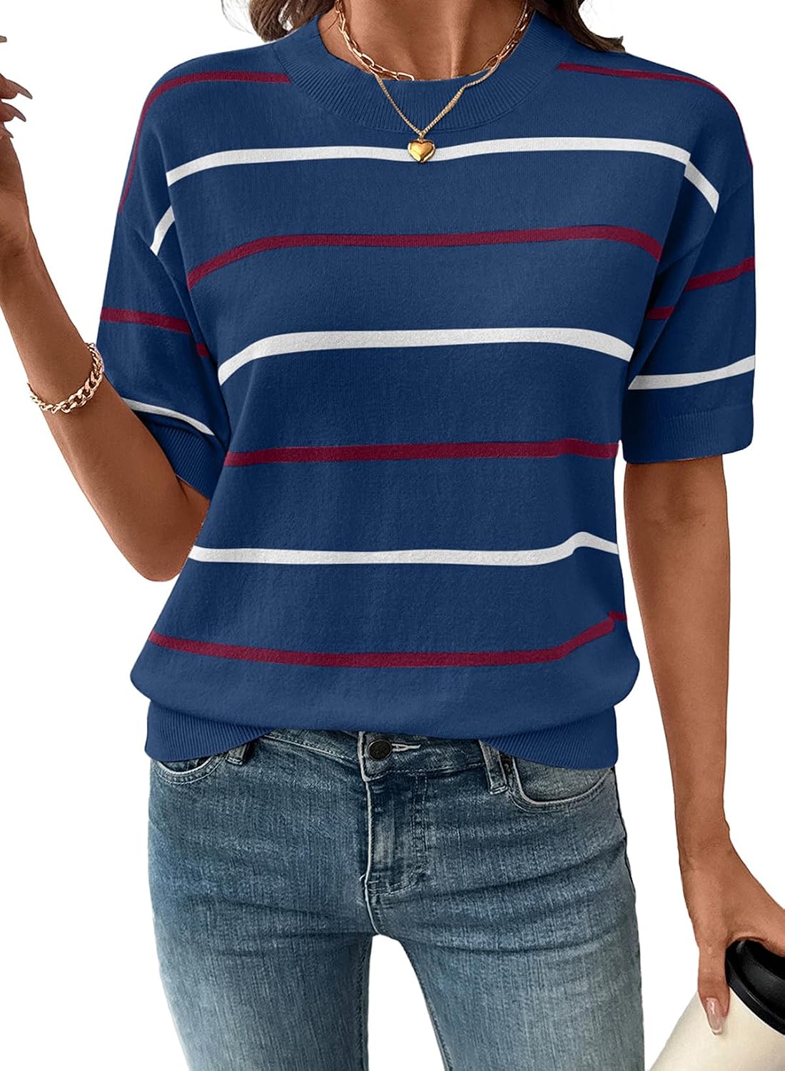 Women's Tops Crewneck Short Sleeve Sweater Pullover Knit Striped Shirt Blouses Fall Outfits for Women 2026