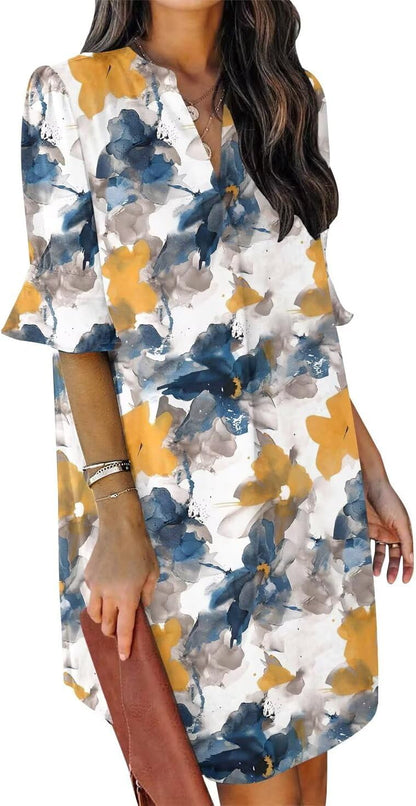 Summer Dresses for Women V Neck Ruffle Short Sleeve Shift Dress