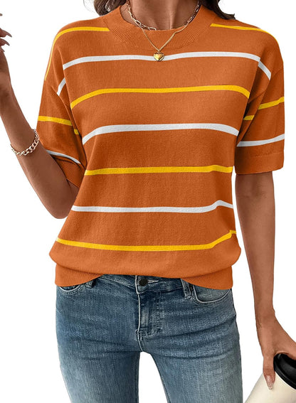 Women's Tops Crewneck Short Sleeve Sweater Pullover Knit Striped Shirt Blouses Fall Outfits for Women 2026