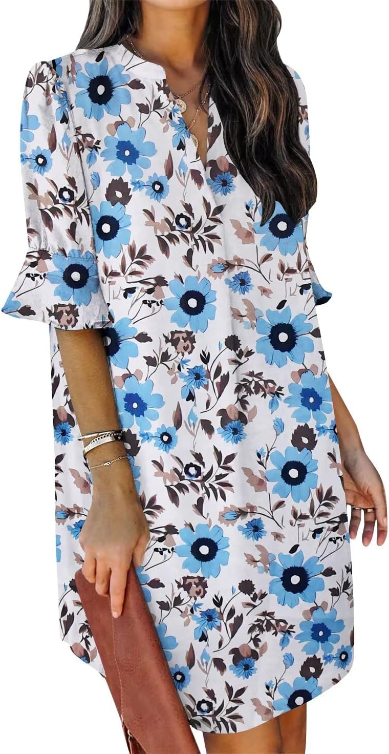Summer Dresses for Women V Neck Ruffle Short Sleeve Shift Dress