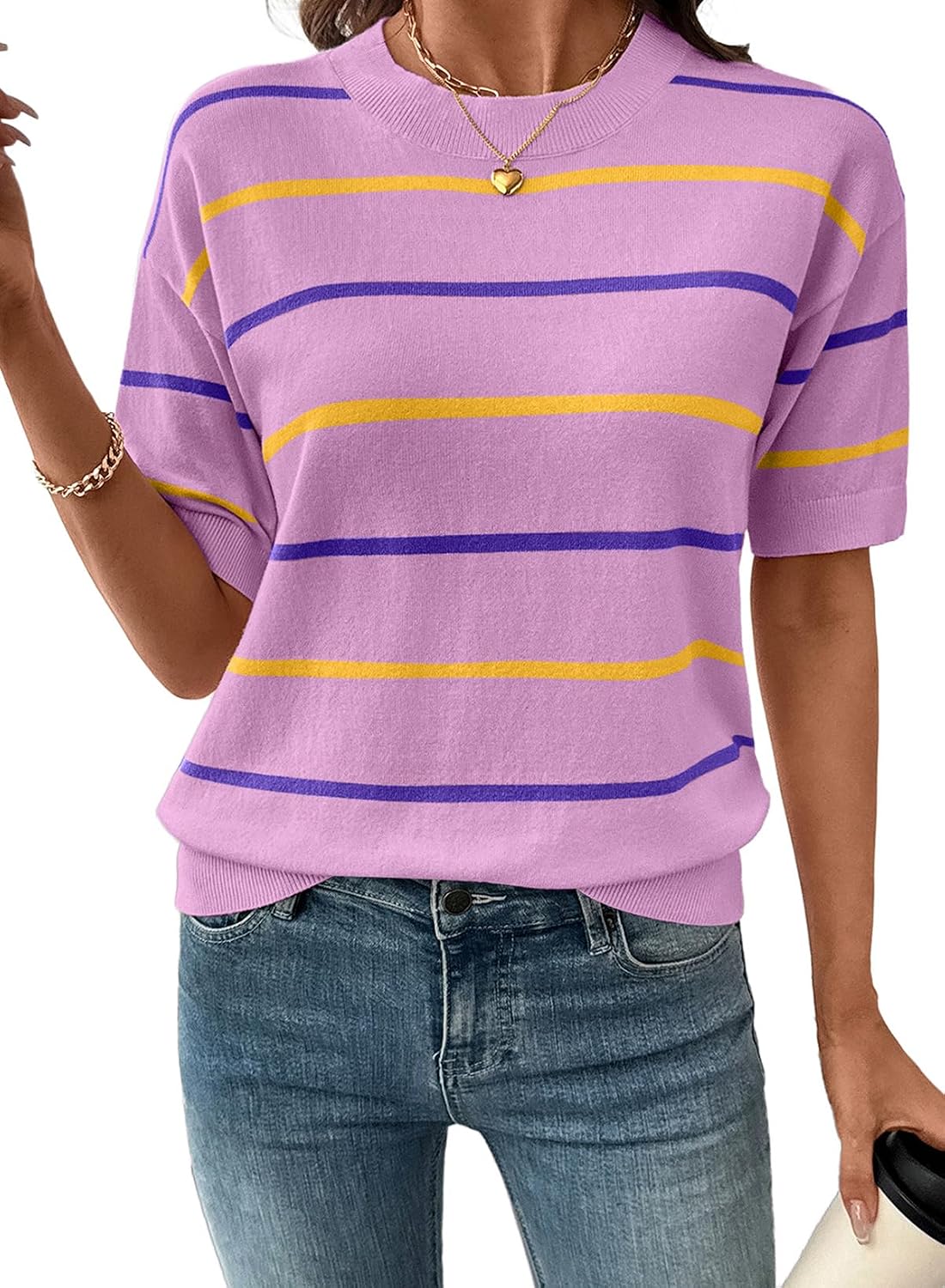 Women's Tops Crewneck Short Sleeve Sweater Pullover Knit Striped Shirt Blouses Fall Outfits for Women 2026