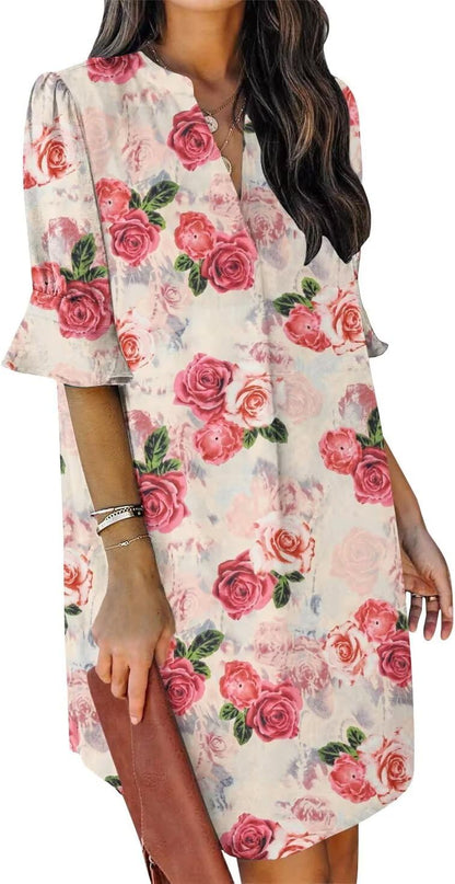 Summer Dresses for Women V Neck Ruffle Short Sleeve Shift Dress