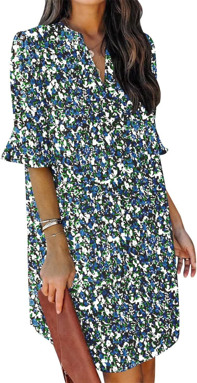Summer Dresses for Women V Neck Ruffle Short Sleeve Shift Dress