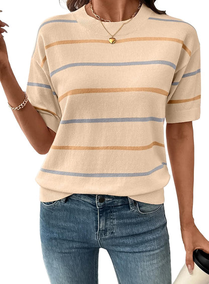 Women's Tops Crewneck Short Sleeve Sweater Pullover Knit Striped Shirt Blouses Fall Outfits for Women 2026