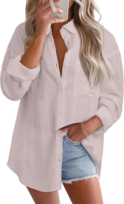 Astylish Women 2026 Loose Fit Tops Linen Cotton Button Down Shirts Blouses