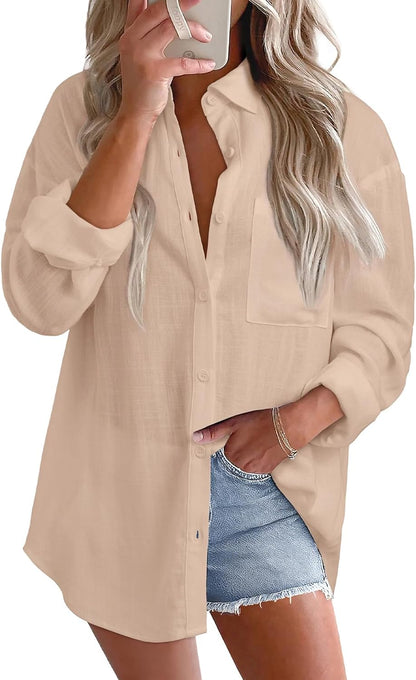 Astylish Women 2026 Loose Fit Tops Linen Cotton Button Down Shirts Blouses