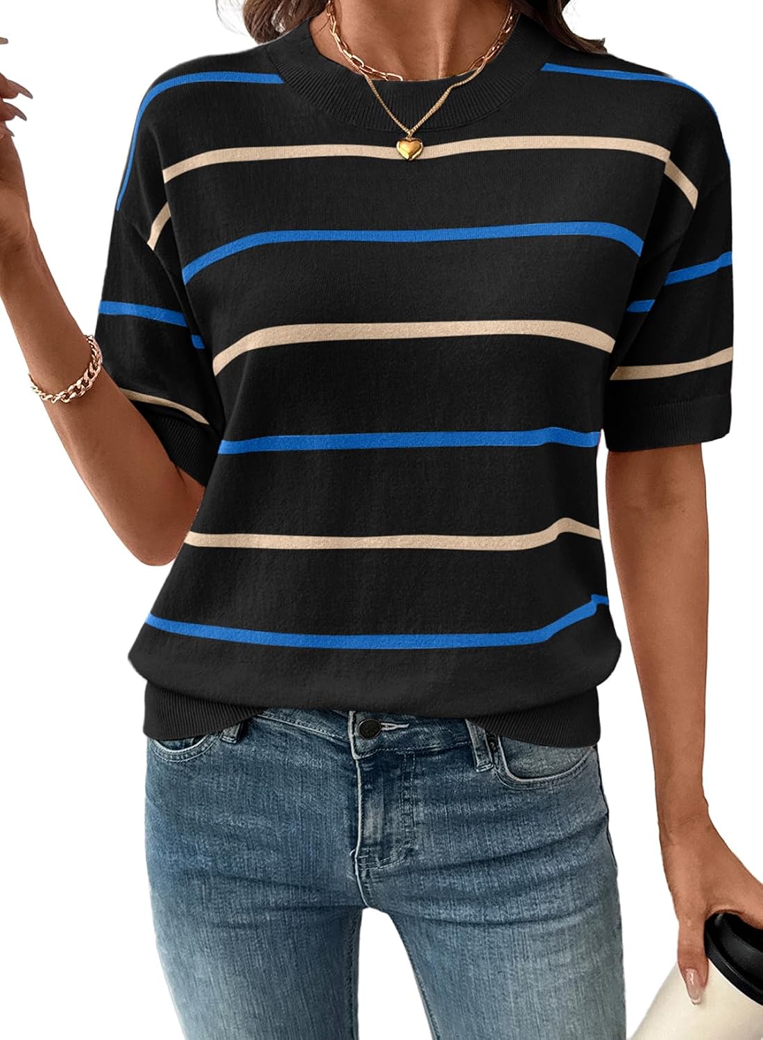 Women's Tops Crewneck Short Sleeve Sweater Pullover Knit Striped Shirt Blouses Fall Outfits for Women 2026